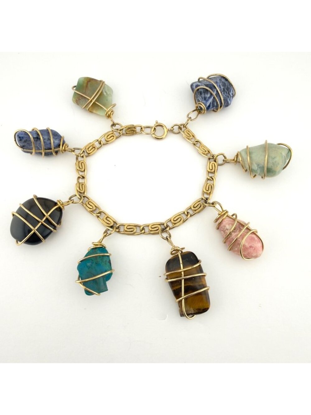Vintage Wire Wrapped Multi Stone Charm Bracelet Gold Tone Caged 7in